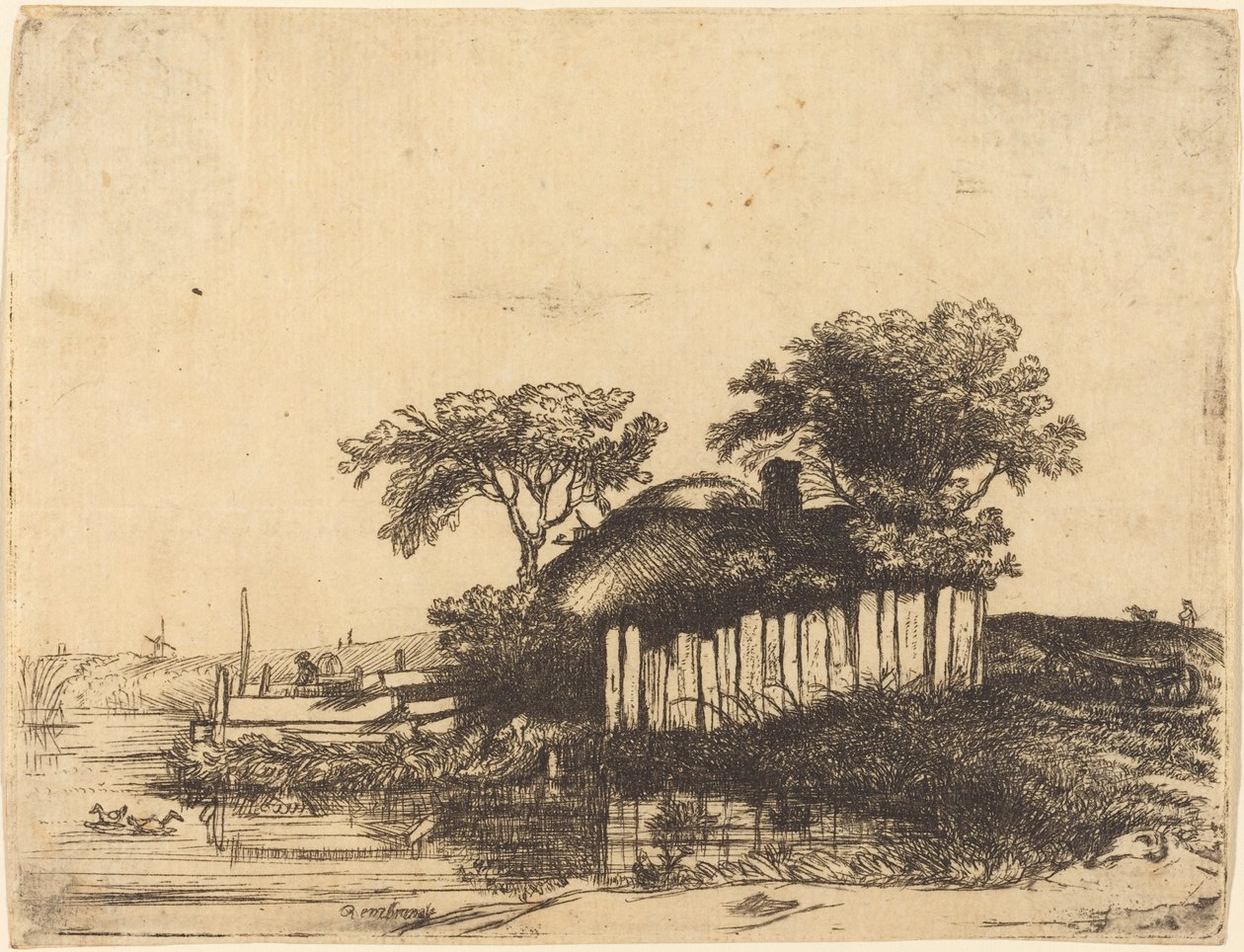 Cabaña con valla blanca de William Byron after Rembrandt van Rijn