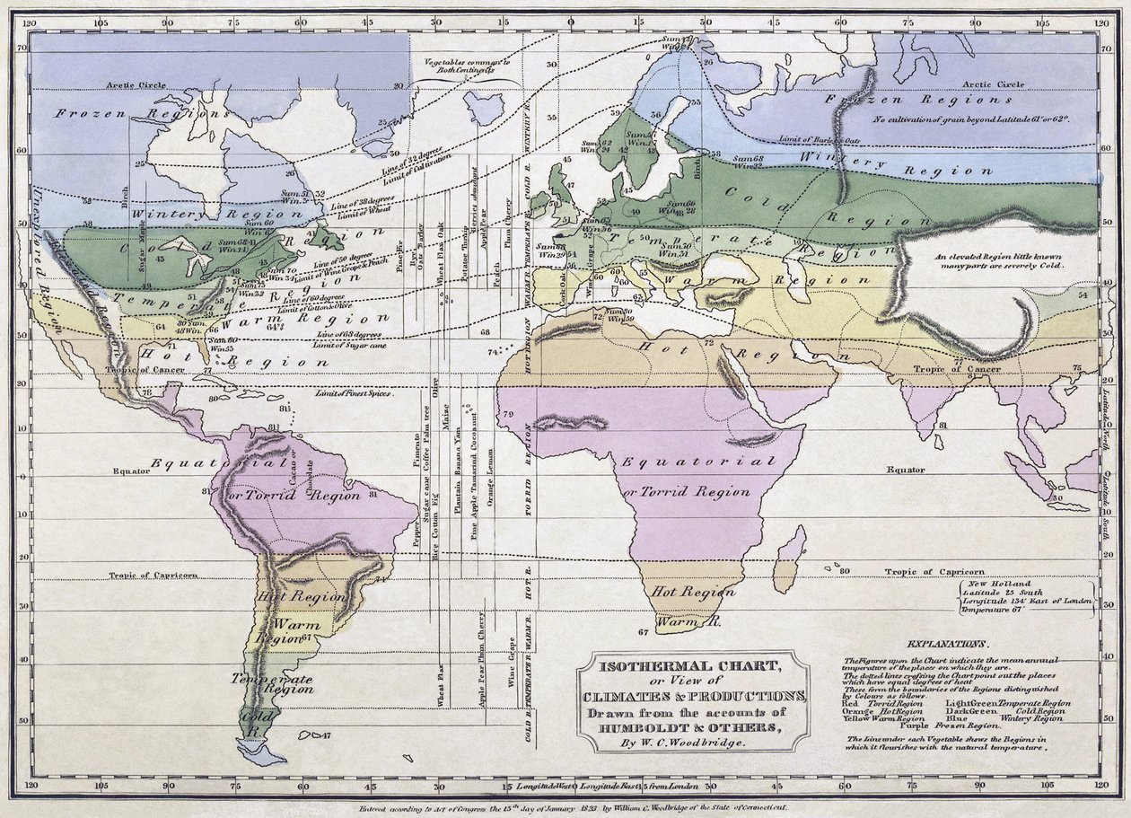 Carta isoterma, o, Vista de climas y producciones, ilustración de Cuentas por Alexander von Humboldt, 1823 de William C. Woodbridge