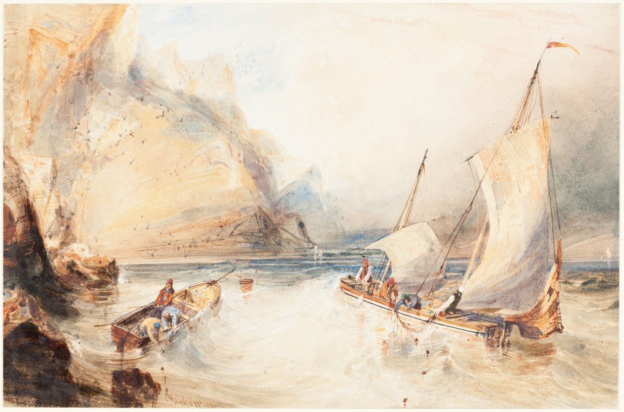 Barcos pesqueros franceses frente a una costa rocosa de William Callow