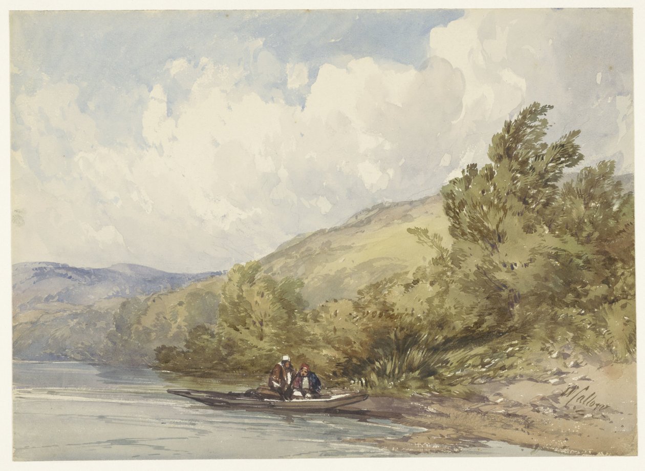 Paisaje montañoso con un lago y un barco con dos figuras de William Callow