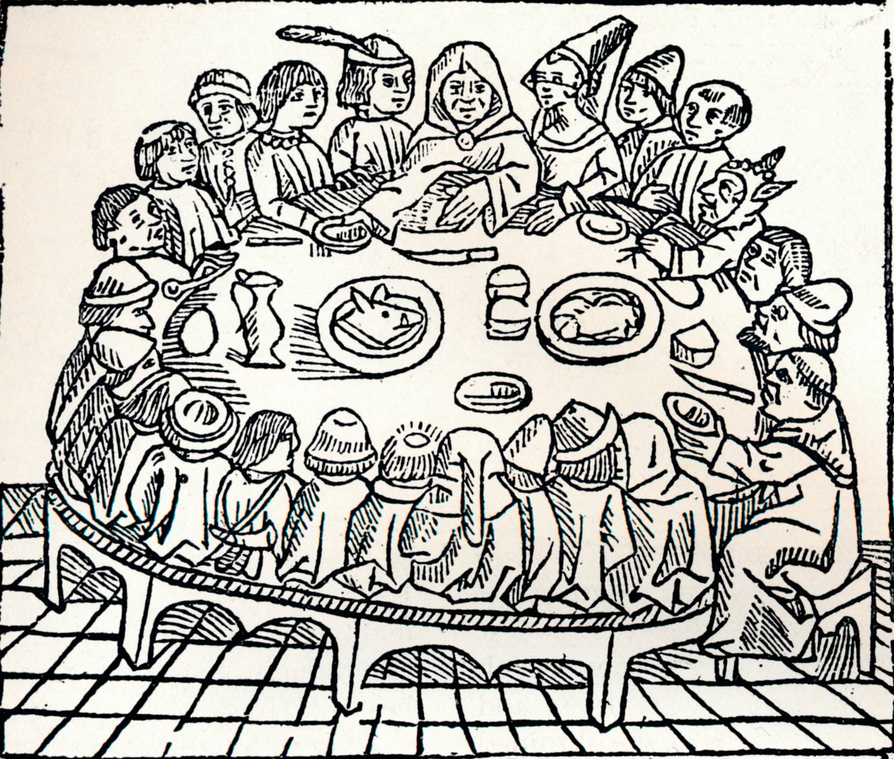 Los peregrinos de Canterbury sentados para una comida compartida, 1485 de William Caxton