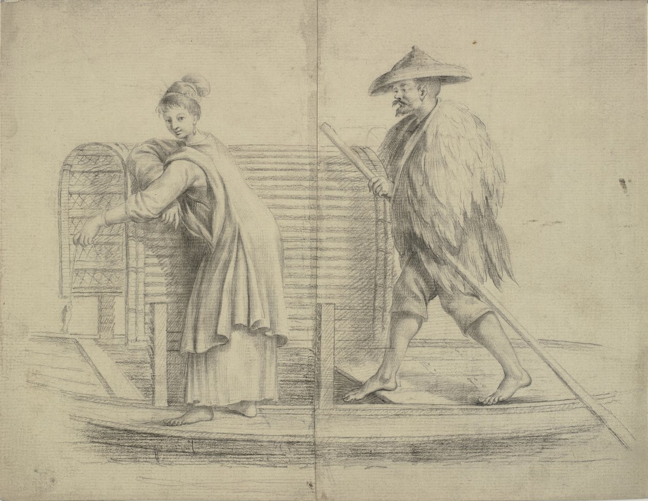 Escena china. Hombre y mujer en un bote de río de William Chambers
