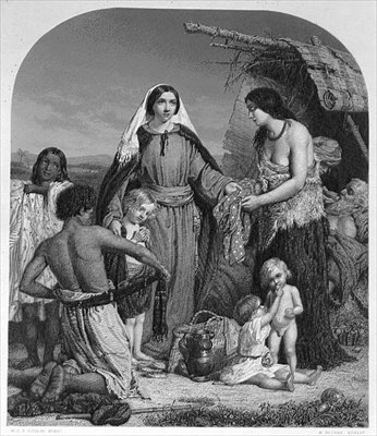 Las obras de caridad de Dorcas, grabado por H. Bourne de William Charles Thomas (after) Dobson