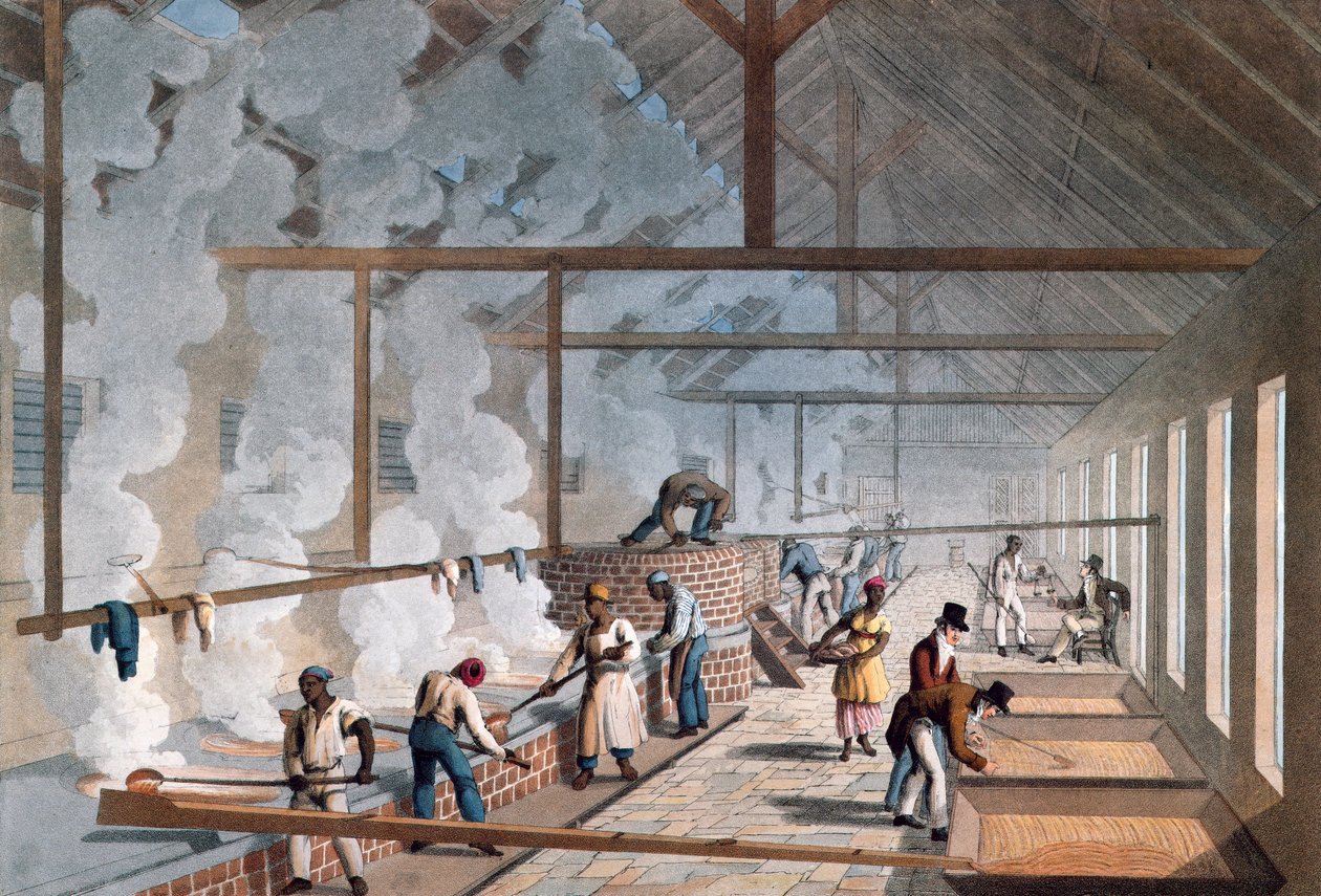 Interior de una casa de ebullición en una plantación de azúcar en “Diez vistas en la isla de Antigua, en las que se representan el proceso de fabricación de azúcar y el empleo de los negros” por William Clark. 1823 de William Clark