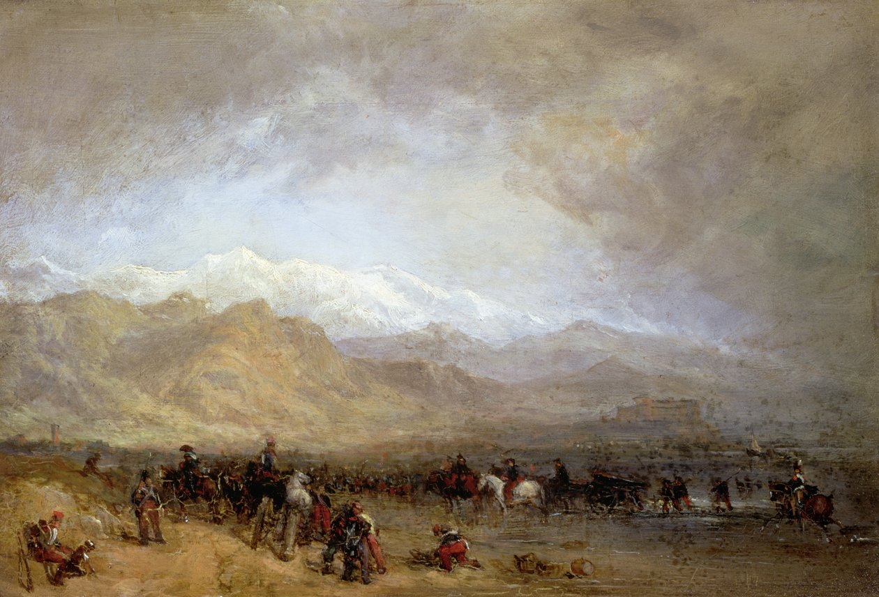 Tropas francesas vadeando el Magra (óleo sobre cartón fresado) de William Clarkson Stanfield