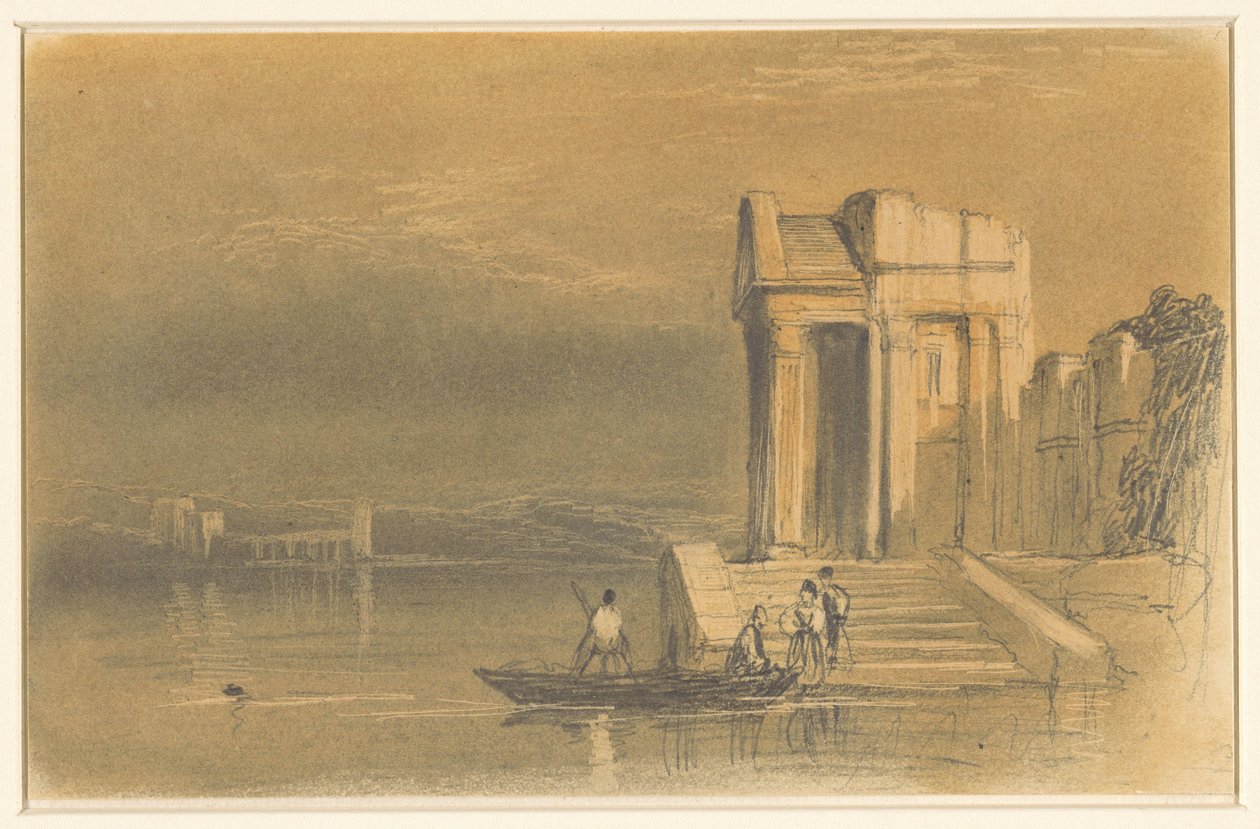 Ruinas de un templo sobre un lago en un paisaje italiano de Clarkson Frederick Stanfield