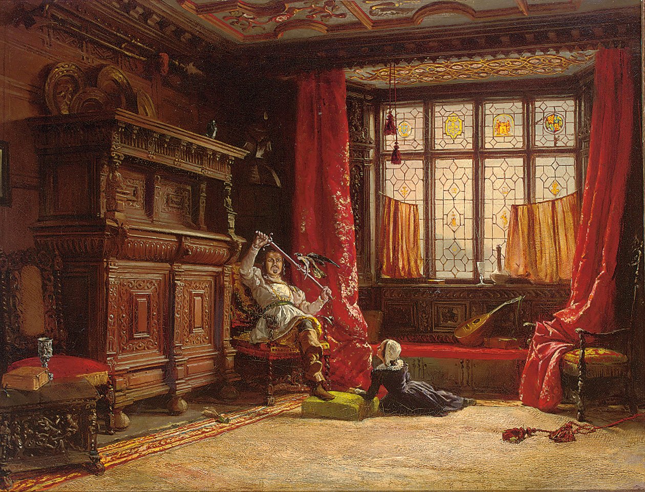 Un caballero en un interior oscuro, un pájaro en su espada, 1843 de William Collingwood