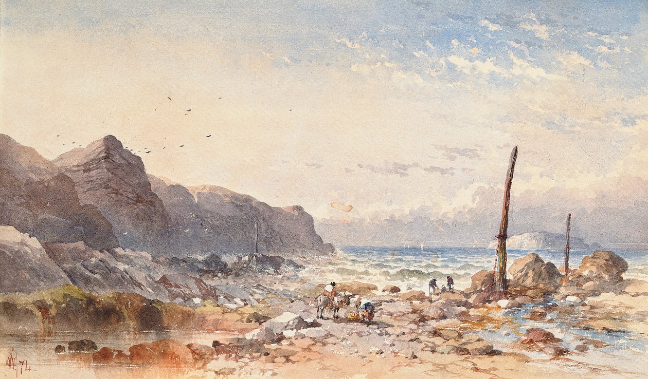 Un día ventoso con pescadores en la playa, 1874 de William Cook of Plymouth