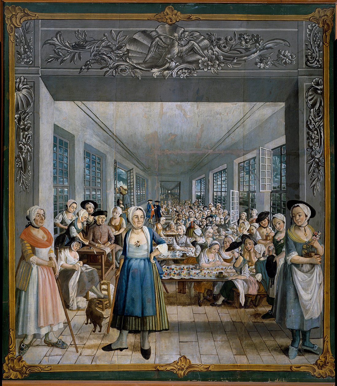 Fábrica de tejidos indios de los hermanos Wetter: Taller de obreras Pintura de Joseph Gabriel Rossetti (siglo XVIII). 1764 Orange, Musee Municipal - Fabricación de tejido indio de los hermanos Wetter: el taller de las trabajadoras. Pintura de Joseph Gabrie de William Crawford