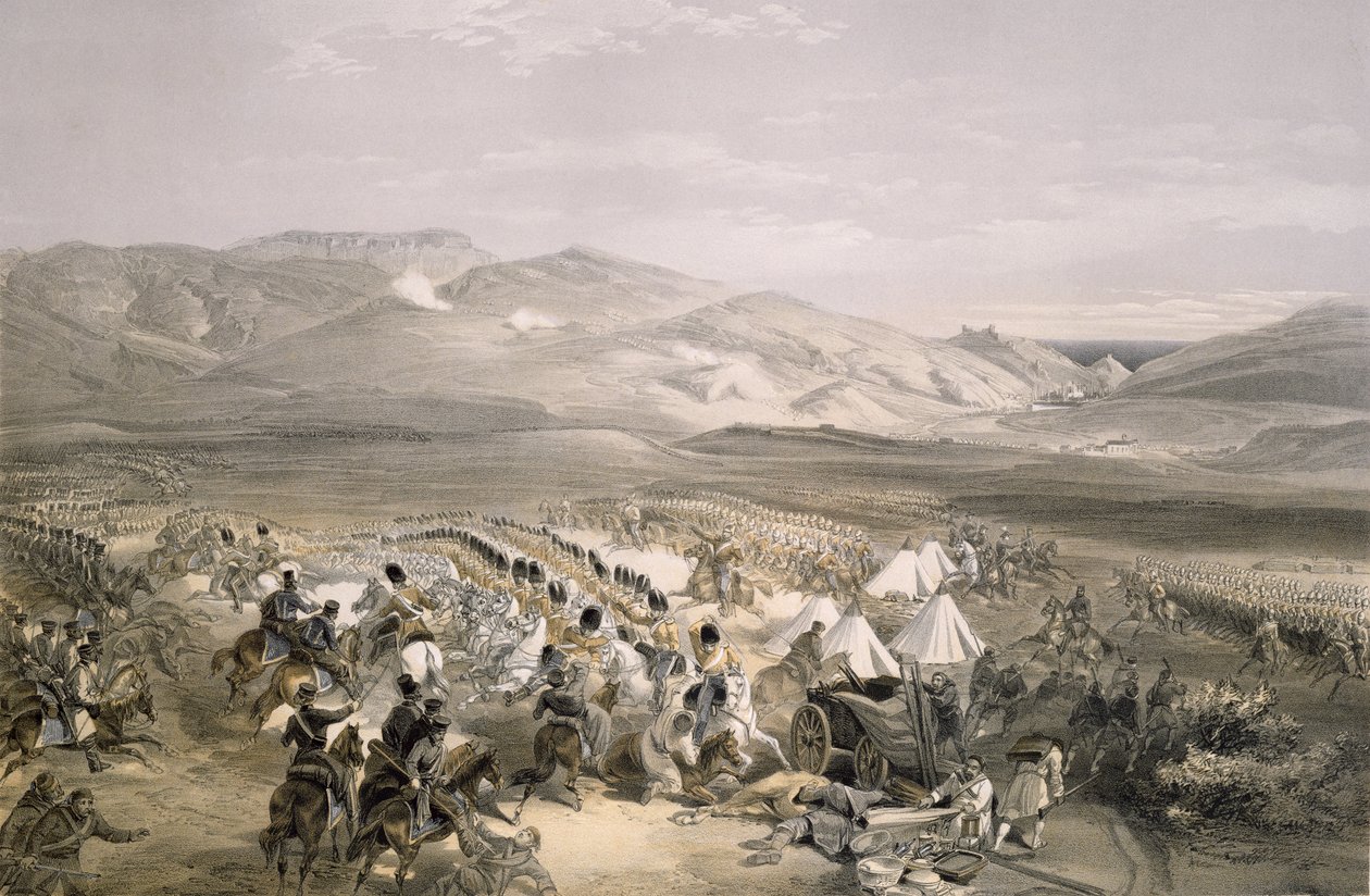 Carga de la Brigada de Caballería Pesada en la Batalla de Balaclava el 25 de octubre de 1854, grabado por E. Walker, pub. 1855 de William Crimea Simpson