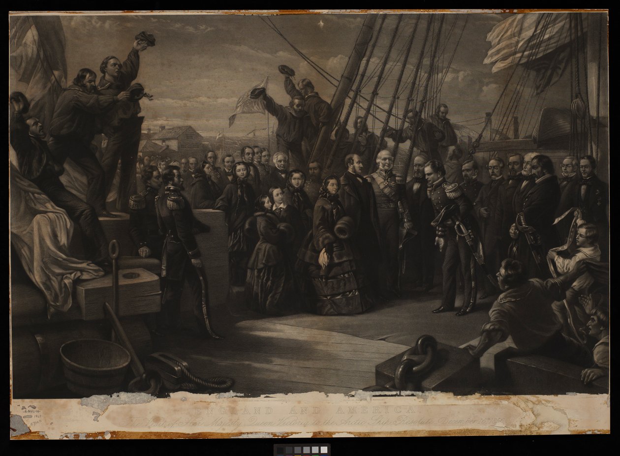 Inglaterra y América. The Visit of Her Majesty Queen Victoria to the Arctic Ship Resolute December 16th 1856, c.1859 (grabado, punteado, tabla) de William 