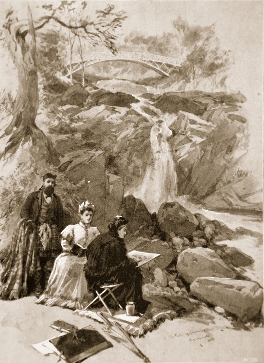La reina Victoria como artista: Su Majestad dibujando las cataratas de Garrawalt, Braemar de William Crimea Simpson