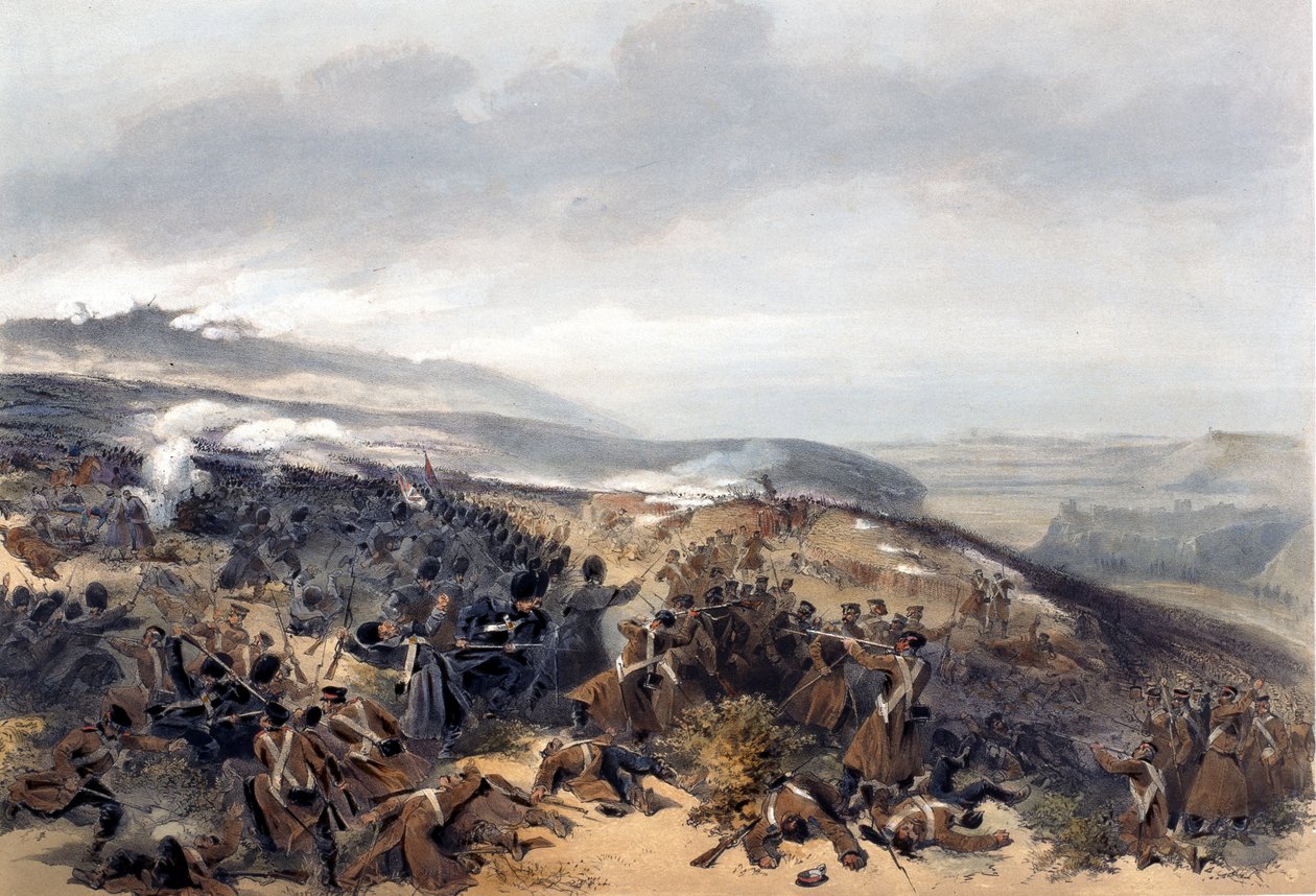Segunda carga de los Guardias cuando retomaron la Batería de Dos Cañones en la Batalla de Inkerman, grabado por Edmond Morin (1824-82) de The Seat of War in the East - First Series, publicado por Colnaghi de William Crimea Simpson