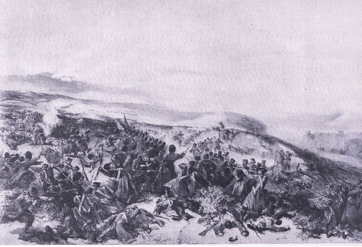 Segunda carga de los Guardias, cuando retomaron las dos baterías de cañones en la batalla de Inkerman, ilustración de British Battles on Land and Sea, 1915 de William Crimea Simpson