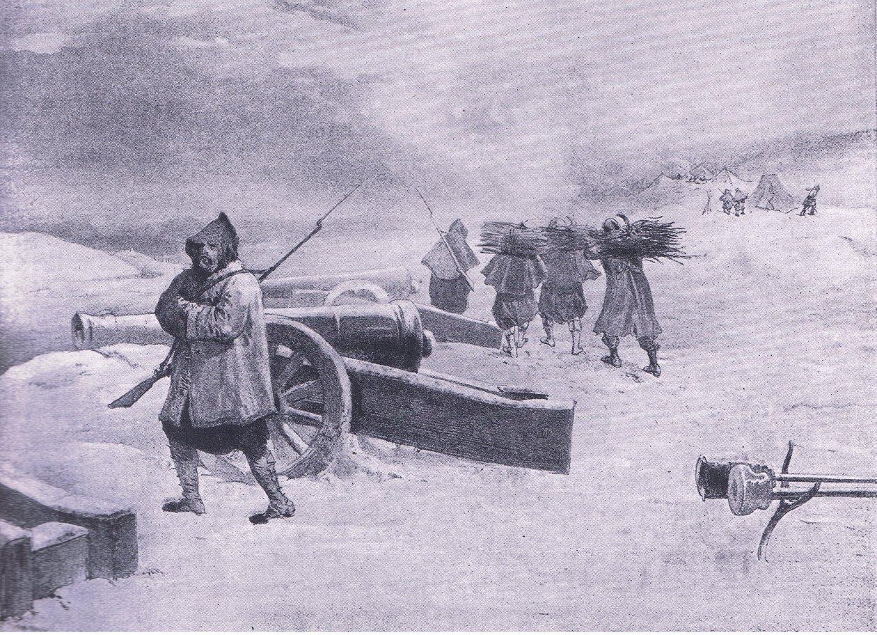 Centinela de los Zuavos ante Sebastopol, ilustración de British Battles on Land and Sea, 1915 de William Crimea Simpson