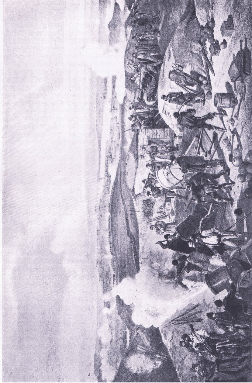 Sebastopol: Un día caluroso en las baterías, ilustración de British Battles on Land and Sea, 1915 de William Crimea Simpson