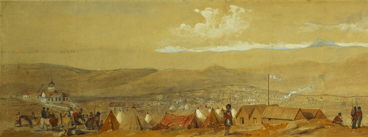 La Crimea: Vista panorámica de Sebastopol mostrando los campamentos militares y el puerto; y una vista panorámica de Inkerman mostrando un campamento militar y caballería al amanecer de William Crimea Simpson
