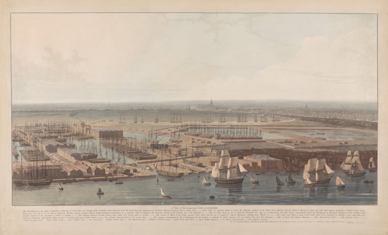 Una vista de los muelles comerciales de Rotherhithe de William Daniell