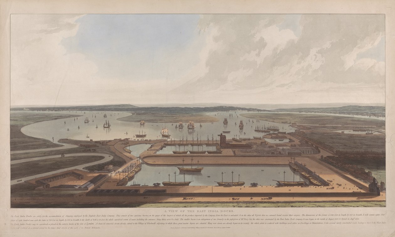 Una vista de los muelles de East India de William Daniell