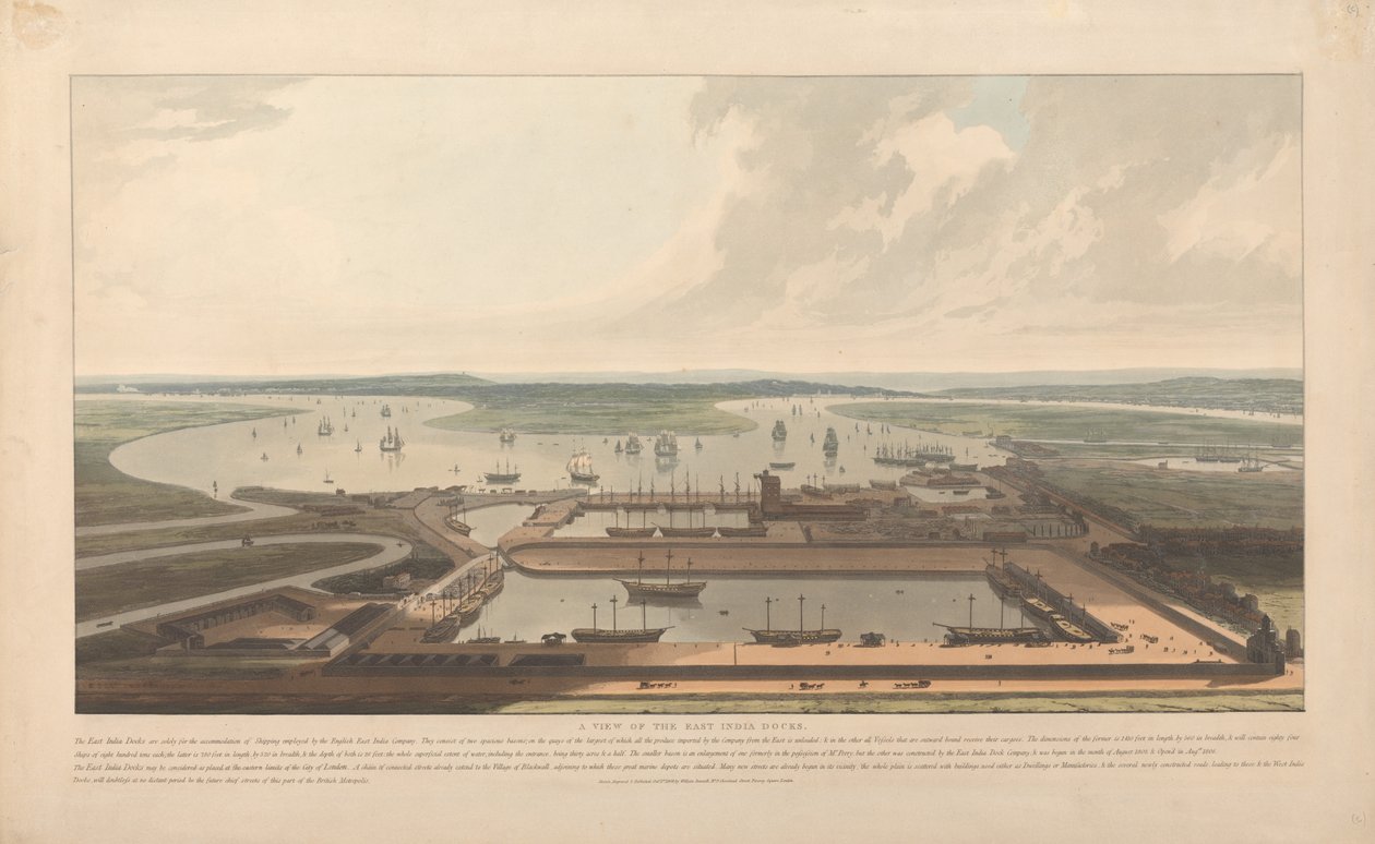 Vista de los muelles de la Compañía de las Indias Orientales de William Daniell