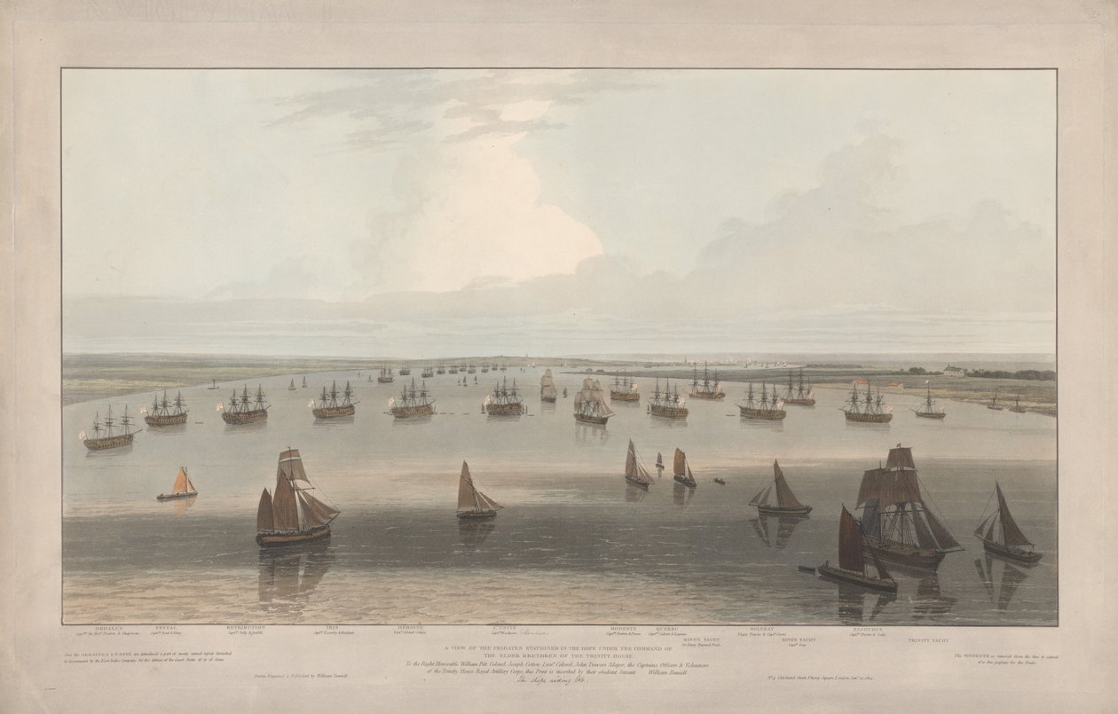 Vista de las fragatas estacionadas en Hope bajo el mando de los hermanos mayores de la Trinity House, estuario del Támesis de William Daniell