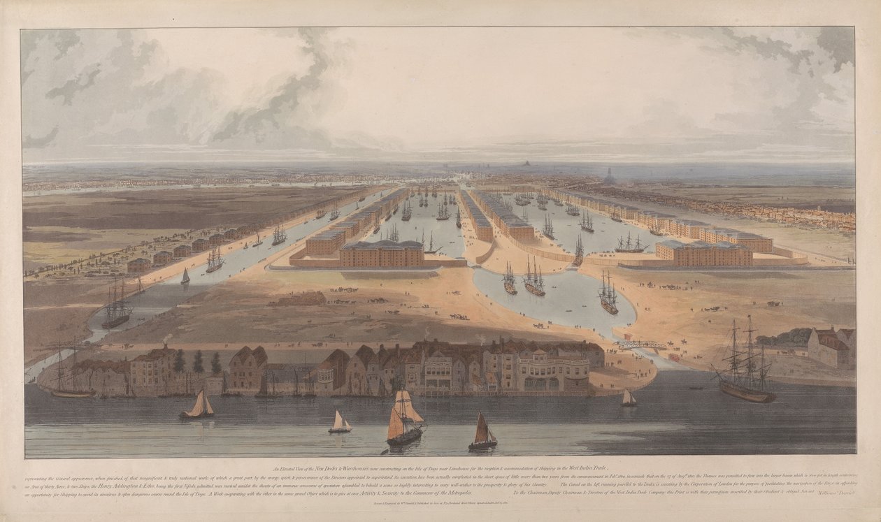 Una vista de los muelles de West India de William Daniell