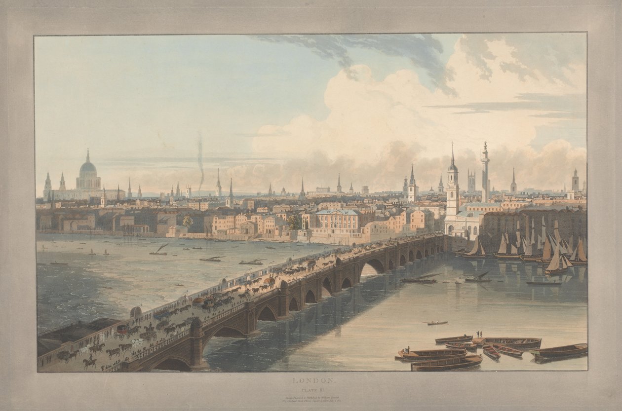 Lámina III: Londres, Puente de Londres (de la obra de William Daniell *Seis vistas de Londres*; vista desde el Támesis) de William Daniell