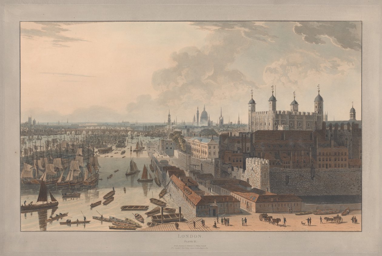 Lámina II: Londres, el estanque y la Torre (de la obra de William Daniell *Seis vistas de Londres*; lado del Támesis) de William Daniell