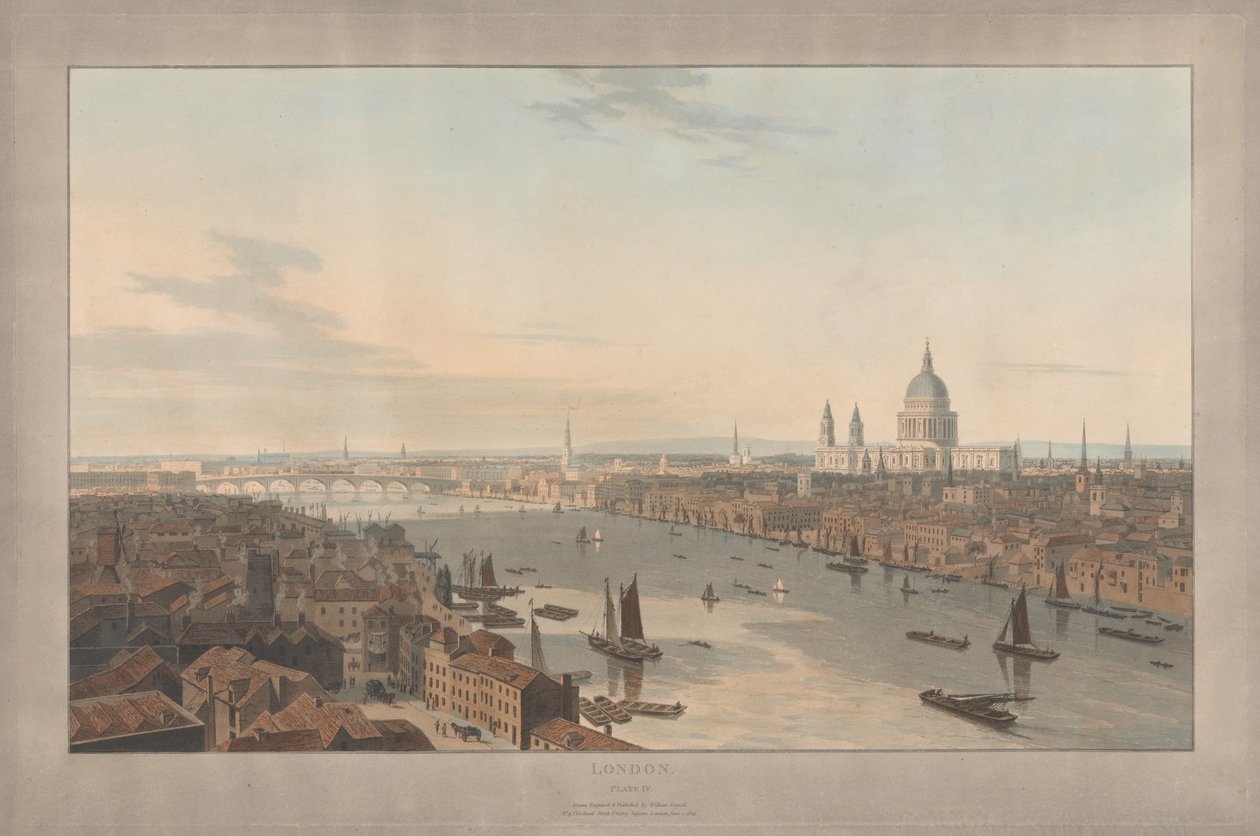 Lámina IV: Londres, la catedral de San Pablo y el puente de Blackfriars desde Southwark de William Daniell