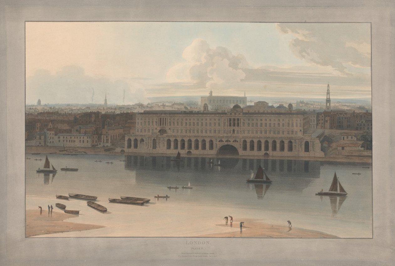 Lámina V: Londres, Somerset House (de la obra de William Daniell *Seis vistas de Londres*; vista desde el río Támesis) de William Daniell