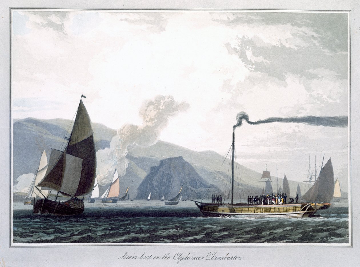 Barco de vapor en el Clyde cerca de Dumbarton, Escocia, 1829 de William Daniell
