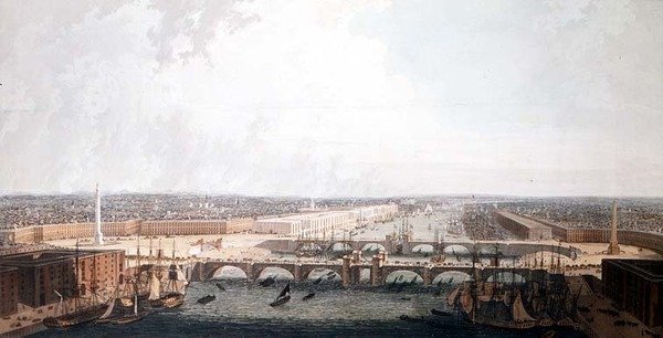 Vista de Londres con las Mejoras de su Puerto y el Puente de Londres Doble. Presentado al Comité Selecto de la Cámara de los Comunes por William Daniel de William Daniell