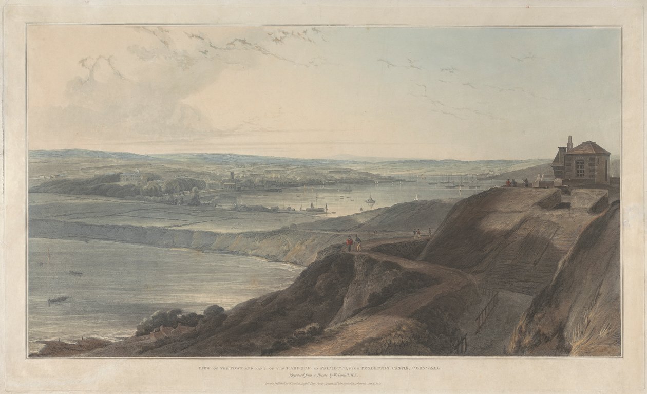 Vista de la ciudad y parte del puerto de Falmouth desde Pendennis Castel, Cornualles de William Daniell