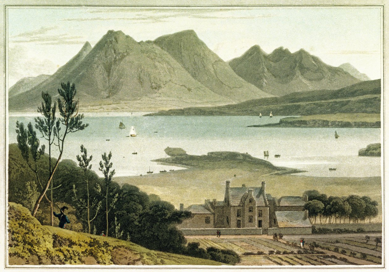 Vista occidental desde la isla de Raasay (Escocia), con descripción de un gran edificio y sus jardines adyacentes. Aguafuerte en colores de William Daniell (1769-1837) de William Daniell