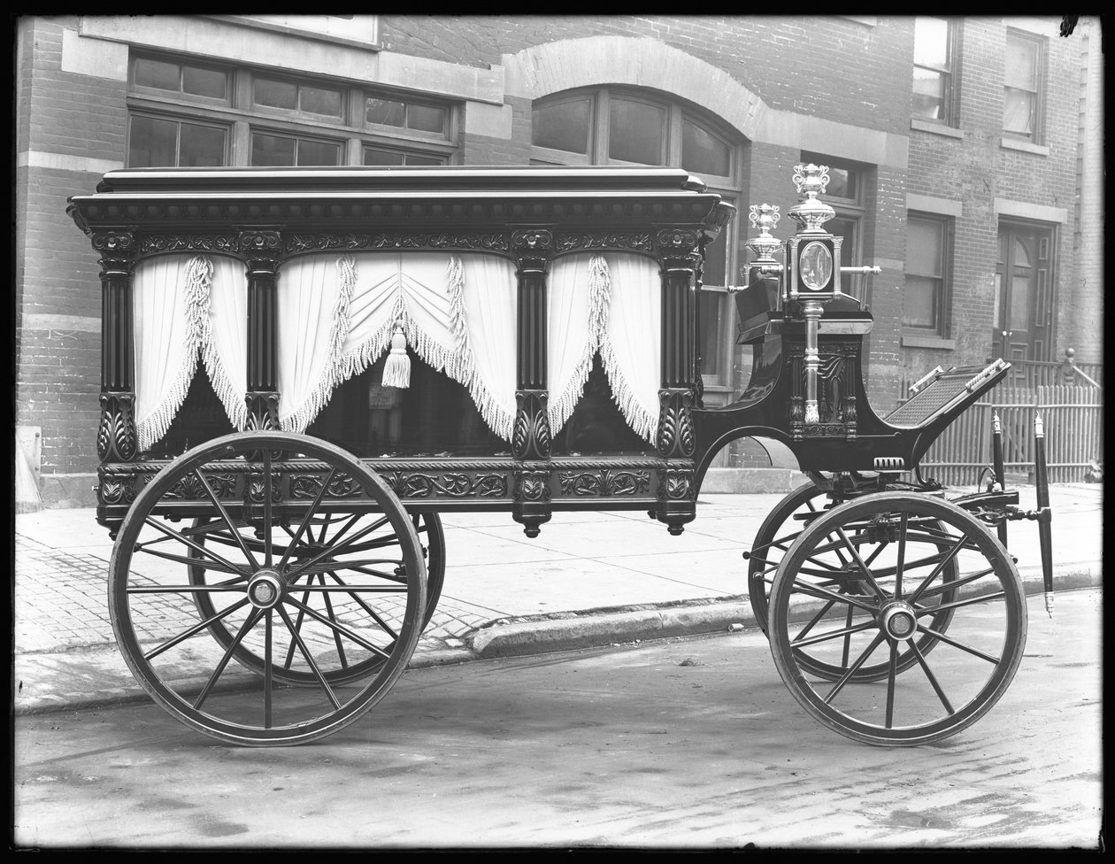 Carroza fúnebre tirada por caballos perteneciente a F.S. York, estacionada en la calle 145 de Nueva York, 1 de diciembre de 1914 de William Davis Hassler