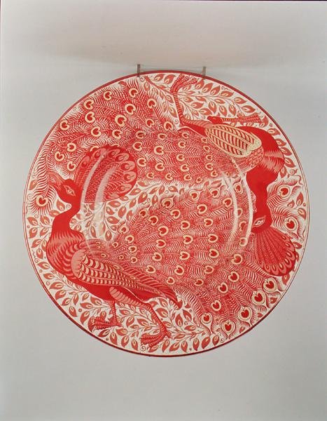 Cargador de rubí y oro decorado con dos pavos reales, pintado por Charles Passenger, c.1890 de William de Morgan