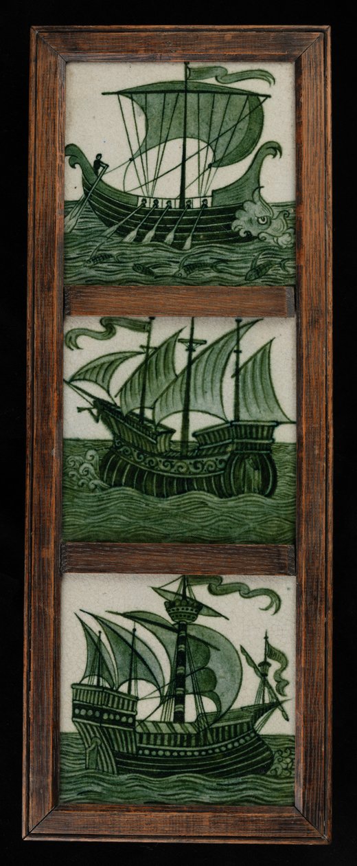 Panel de azulejos de barcos a toda vela, en marco, c.1865-80 (cerámica) de William de Morgan