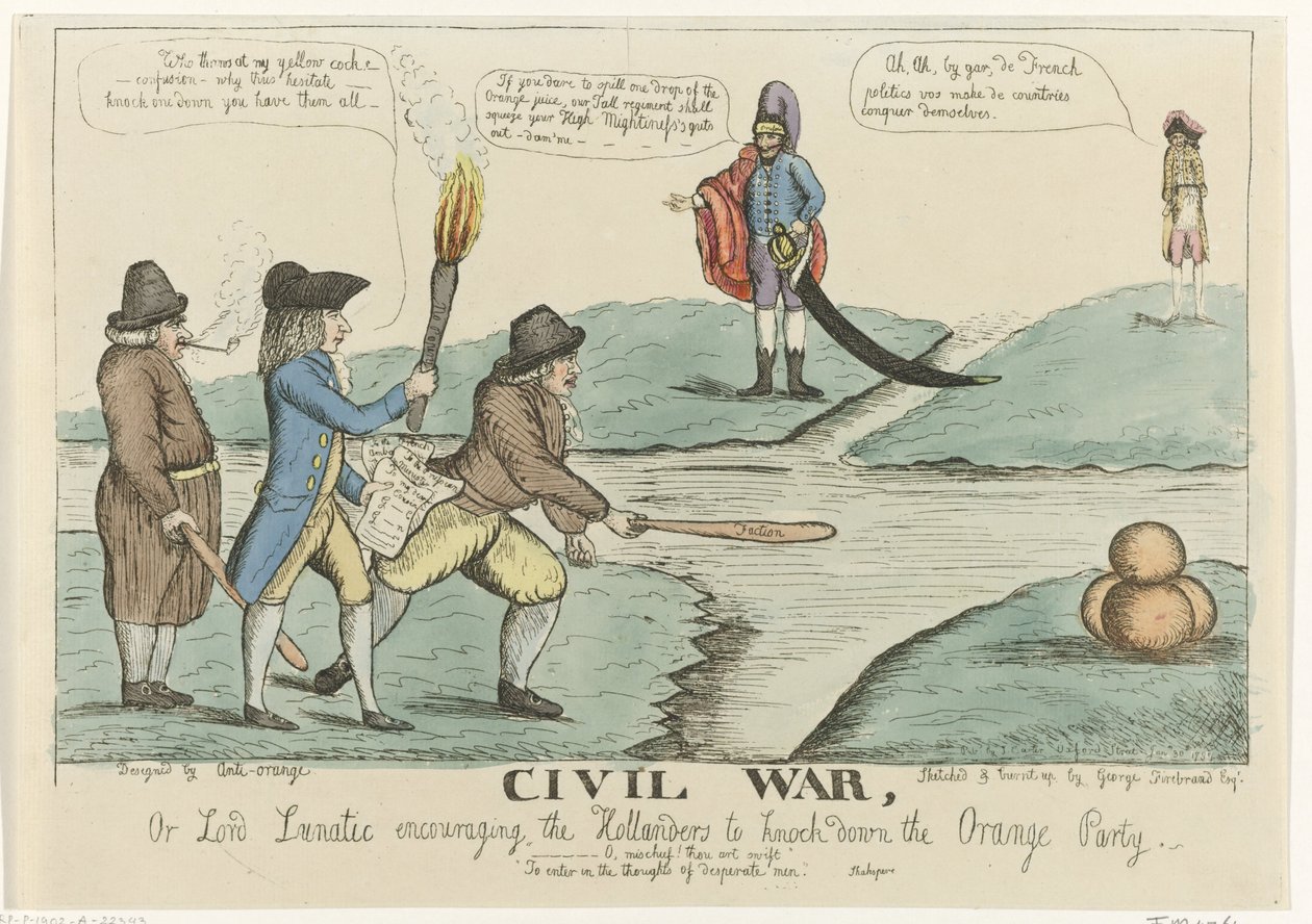 Engelse spotprent op de Nederlandse burgertwisten, 1787
La guerra civil, o Lord Lunatic animando a los holandeses a derribar el Partido Naranja (título en el objeto) de William Dent