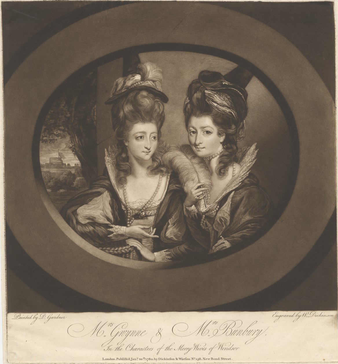 La Sra. Gwynne y la Sra. Bunbury en los personajes de las Alegres comadres de Windsor de William Dickinson
