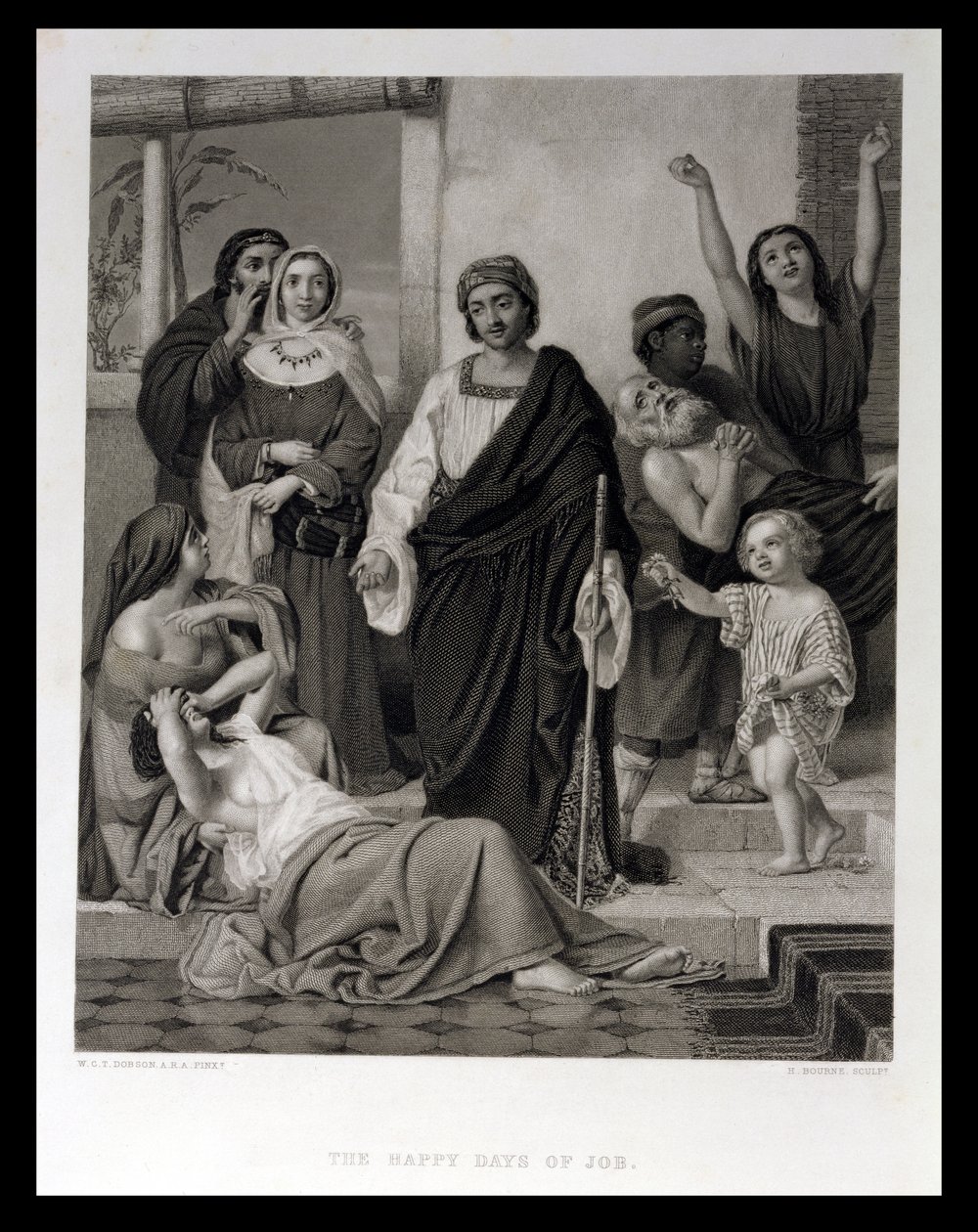 Los días felices de Job, grabado por H. Bourne de William Dobson