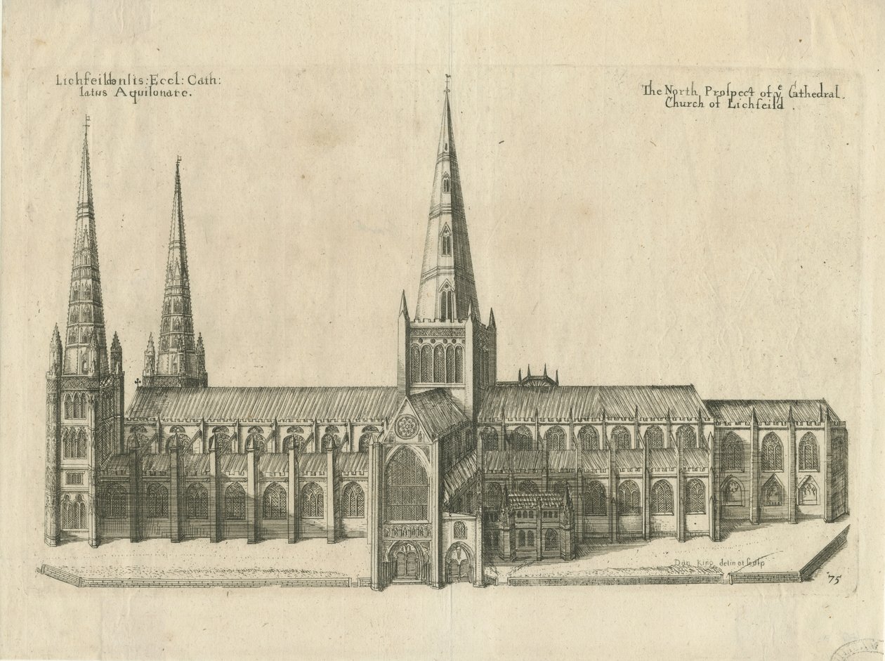 Catedral de Lichfield - Vista Sur: grabado en placa de cobre, nd [?mediados del siglo XVII] de William Dugdale