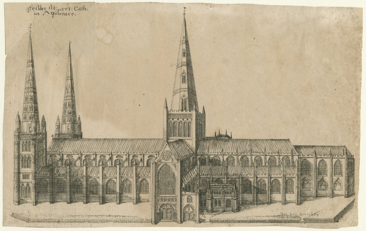 Catedral de Lichfield - Vista Sur: grabado en placa de cobre de William Dugdale