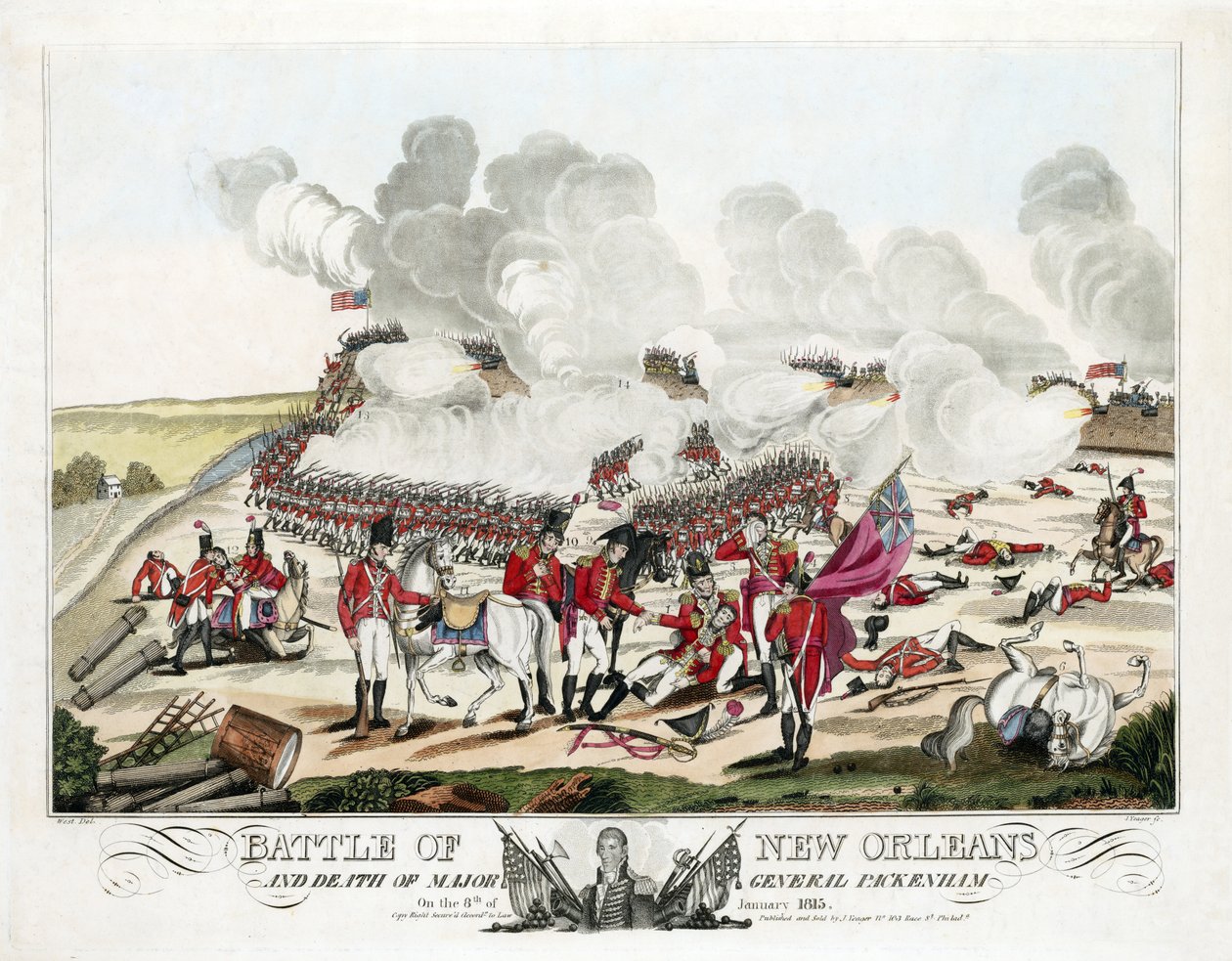 Batalla de Nueva Orleans y muerte del Mayor General Packenham el 8 de enero de 1815, pub. 1815 de William Edward (after) West