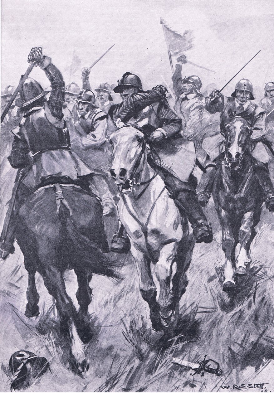 El conflicto de caballería en Dunbar, 3 de septiembre de 1650, ilustración de British Battles on Land and Sea, 1915 de William Edward Stott