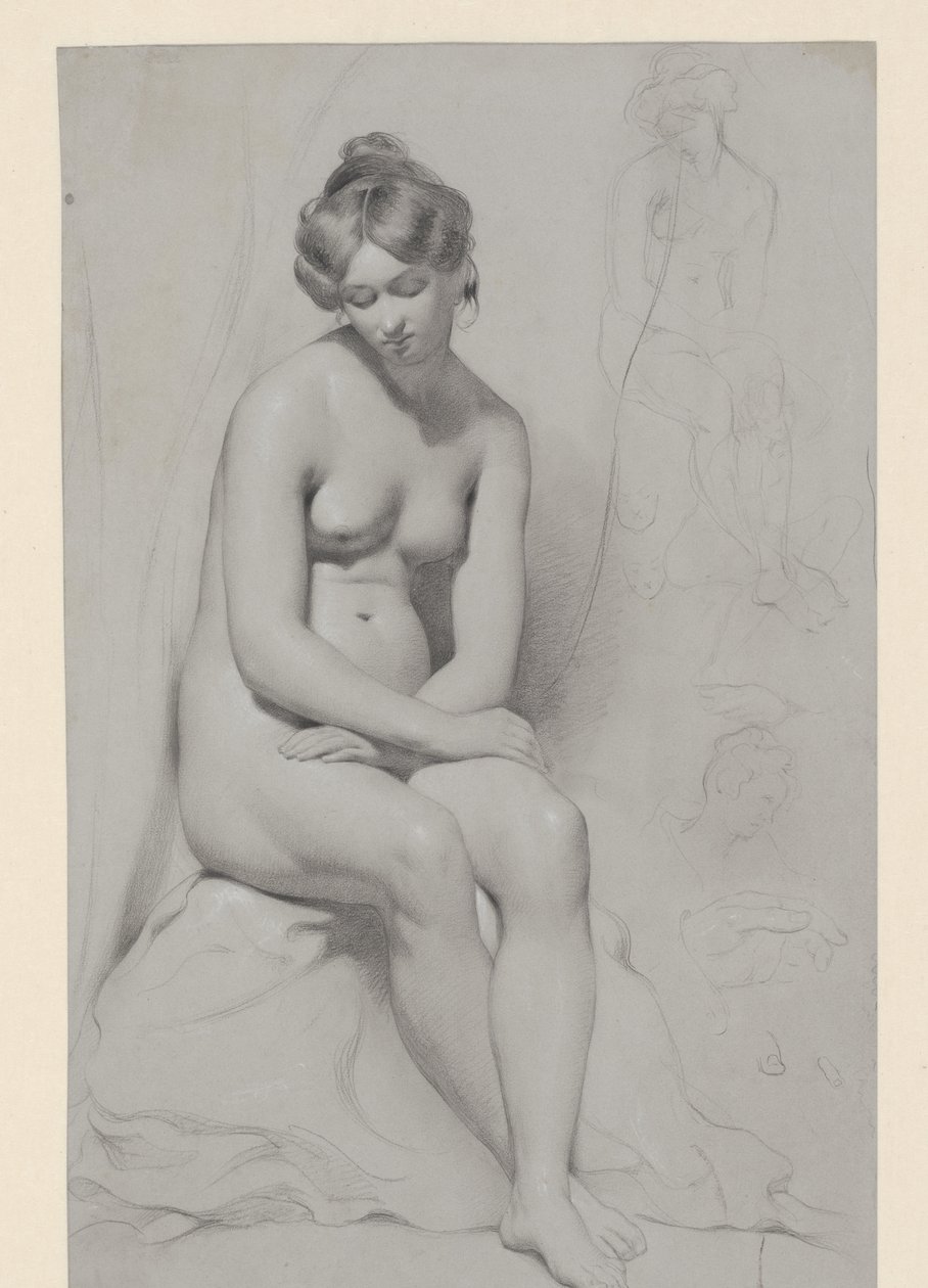 Modelo femenino desnudo sentado con peinado alto, esbozado de nuevo junto a él de William Etty