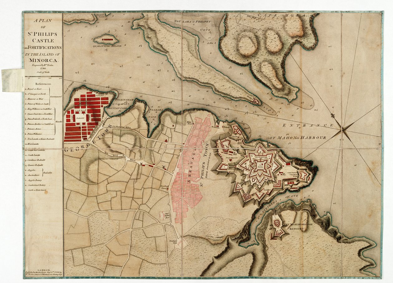 Plano del castillo de San Felipe y fortificaciones en la isla de Menorca de William Faden