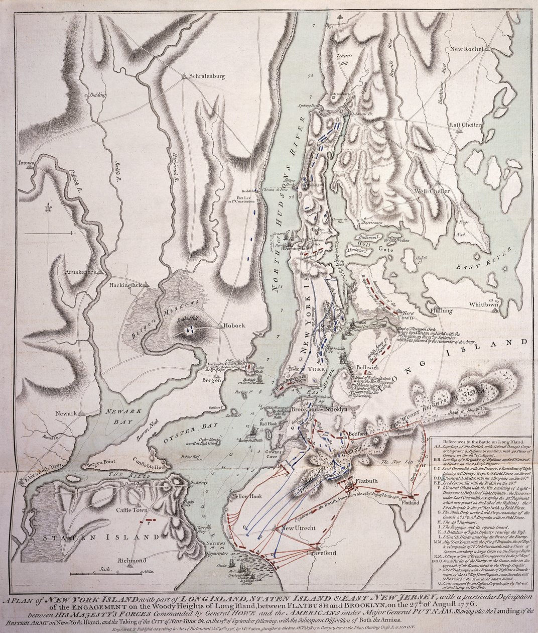 Plano de la Isla de Nueva York con Parte de Long Island, Staten Island y Este de Nueva Jersey y el Compromiso en las Alturas Boscosas de Long Island entre las Fuerzas Británicas, bajo el mando del General Sir William Howe de William Faden