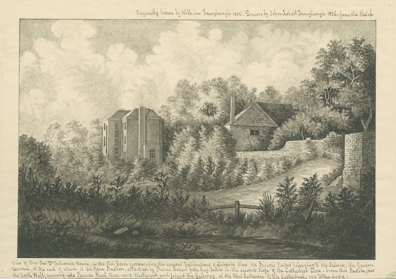 Catedral de Lichfield Close - Casa del Dr. Falconer: dibujo a pluma y tinta, 1800 de William Fernyhough