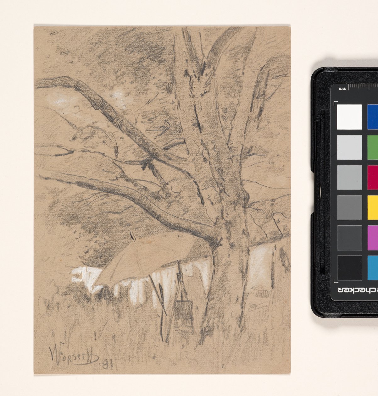 Paisaje con caballete y sombrilla (lápiz realzado con blanco sobre papel canela) de William Forsyth