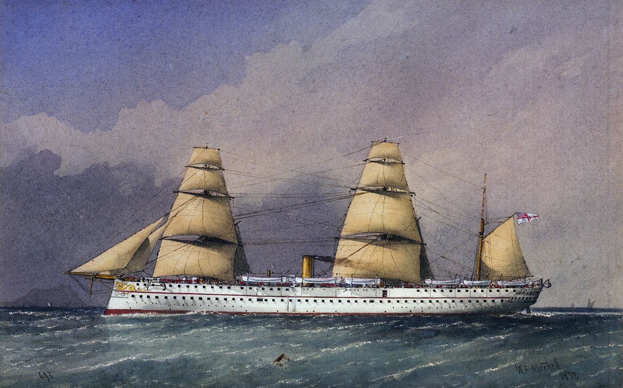 El buque HMS "Jumna" (1866), un barco de la Royal Navy con casco de hierro, para el transporte de tropas desde y hacia el subcontinente indio. Acuarela de William Frederick Mitchell